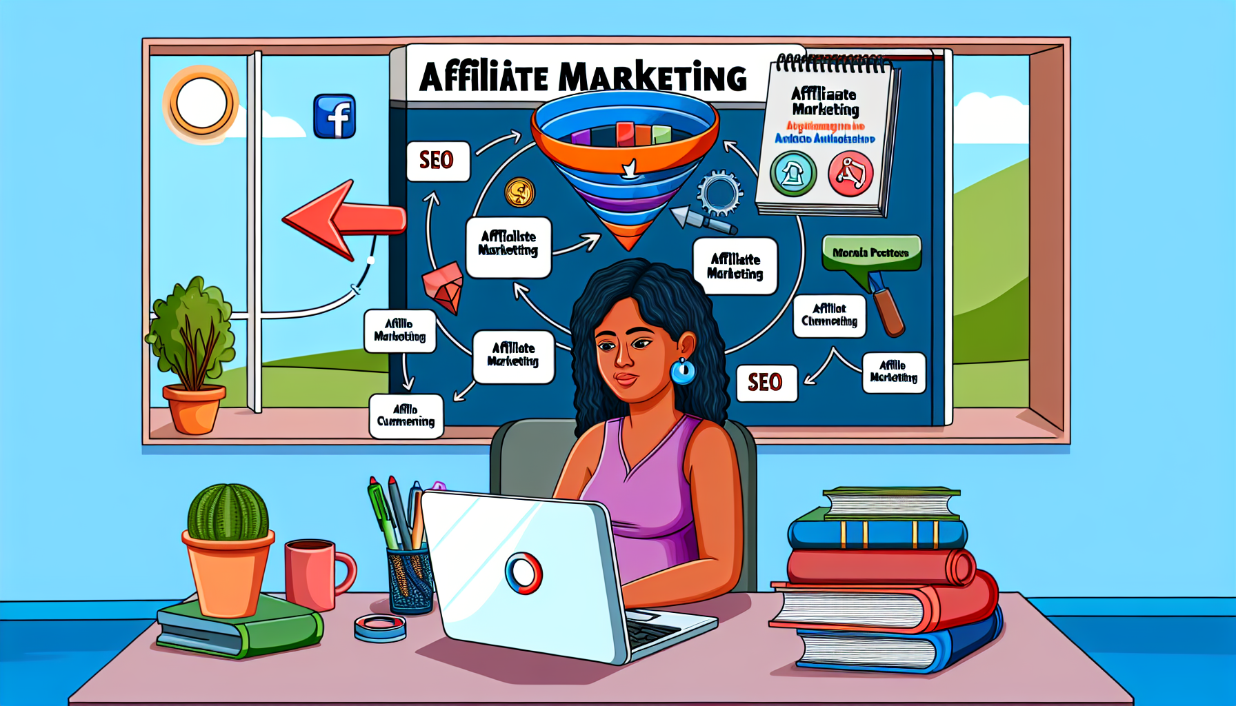 Eine detaillierte Illustration eines Einsteigerleitfadens fÃ¼r Affiliate-Marketing. Die Szene zeigt eine neue Marketerin, eine hispanische Frau, die vor ihrem Laptop sitzt, recherchiert und wichtige Punkte zum Thema Affiliate-Marketing notiert. In der NÃ¤he befinden sich mehrere BÃ¼cher Ã¼ber Marketing und Unternehmertum. Auf dem Bildschirm ihres Laptops ist eine Darstellung eines Marketing-Trichters zu sehen, der den Prozess des Affiliate-Marketings symbolisiert, von der Bewusstseinsbildung potenzieller Kunden bis hin zum tatsÃ¤chlichen Kauf. Verschiedene Marketing-Tools wie SEO- und Social-Media-Icons schweben um sie herum und symbolisieren ihren Lernprozess. Der Hintergrund ist ein helles und motivierendes Home-Office.