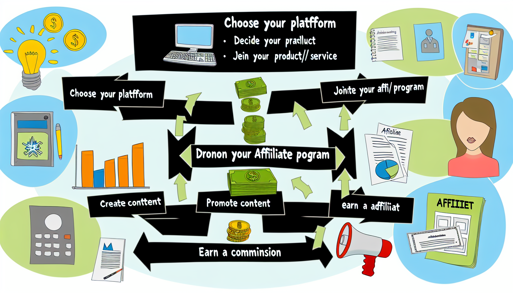 Ein illustrativer Leitfaden fÃ¼r AnfÃ¤nger im Affiliate-Marketing. Das Bild kÃ¶nnte eine einfache, gut organisierte Infografik sein, die ein Flussdiagramm oder eine Treppe von Schritten zeigt, die den Prozess des Affiliate-Marketings klar umreiÃŸen. FÃ¼gen Sie Textelemente wie â€žWÃ¤hlen Sie Ihre Plattformâ€œ, â€žEntscheiden Sie sich fÃ¼r Ihr Produkt/Dienstleistungâ€œ, â€žTreten Sie einem Affiliate-Programm beiâ€œ, â€žErstellen Sie Inhalteâ€œ, â€žBewerben Sie Ihren Affiliate-Linkâ€œ und â€žVerdienen Sie eine Provisionâ€œ ein. Integrieren Sie visuelle Darstellungen dieser Aktionen, wie einen Computer fÃ¼r die Plattform, einen Artikel fÃ¼r das Produkt/Dienstleistung, eine Gruppe von Menschen fÃ¼r das Affiliate-Programm, ein Notizbuch fÃ¼r Inhalte, ein Megafon fÃ¼r die Promotion und MÃ¼nzen fÃ¼r die Einnahmen.