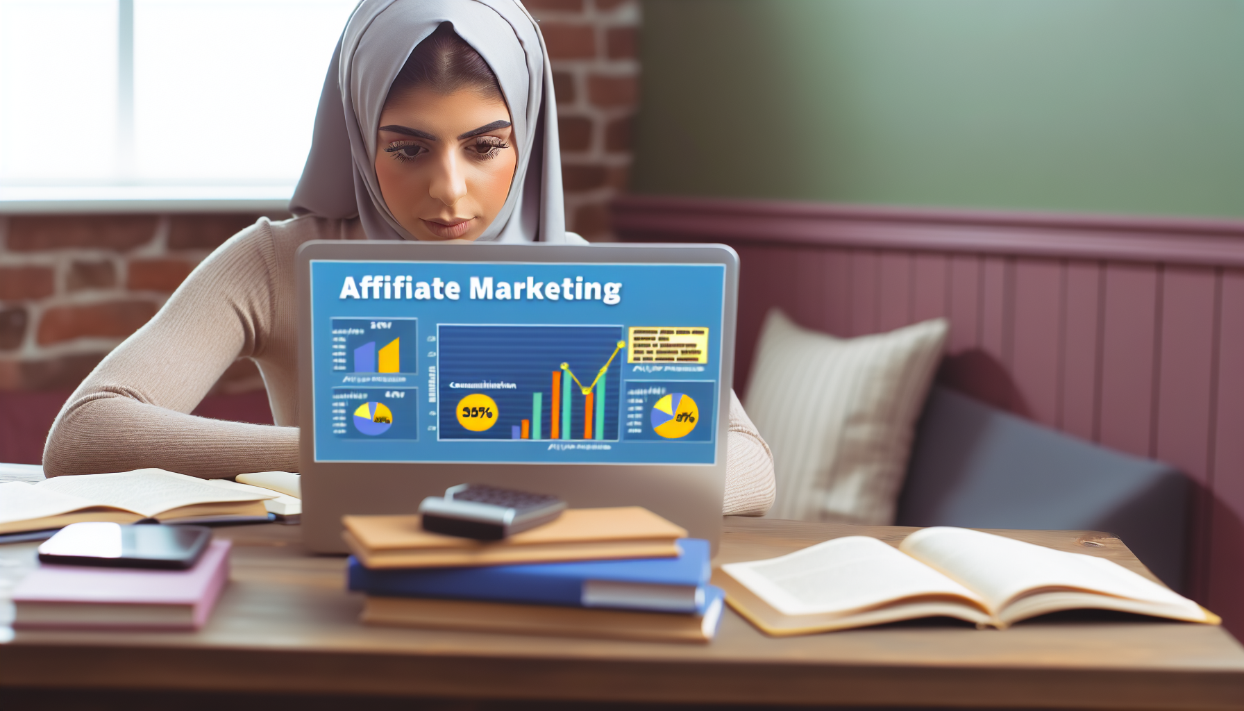 Ein Bild, das das Konzept des Affiliate-Marketings fÃ¼r AnfÃ¤nger veranschaulicht. Die Szene zeigt einen Laptop, der Statistiken und Grafiken zu VerkÃ¤ufen und ProvisionssÃ¤tzen anzeigt. Eine junge Frau aus dem Nahen Osten sitzt an einem Schreibtisch und studiert den Bildschirm aufmerksam. Auf dem Tisch liegen einige BÃ¼cher zum Thema Affiliate-Marketing verstreut, und eine Tasse Kaffee befindet sich in der NÃ¤he ihrer Hand. Die gesamte AtmosphÃ¤re vermittelt konzentriertes Arbeiten und Lernen.