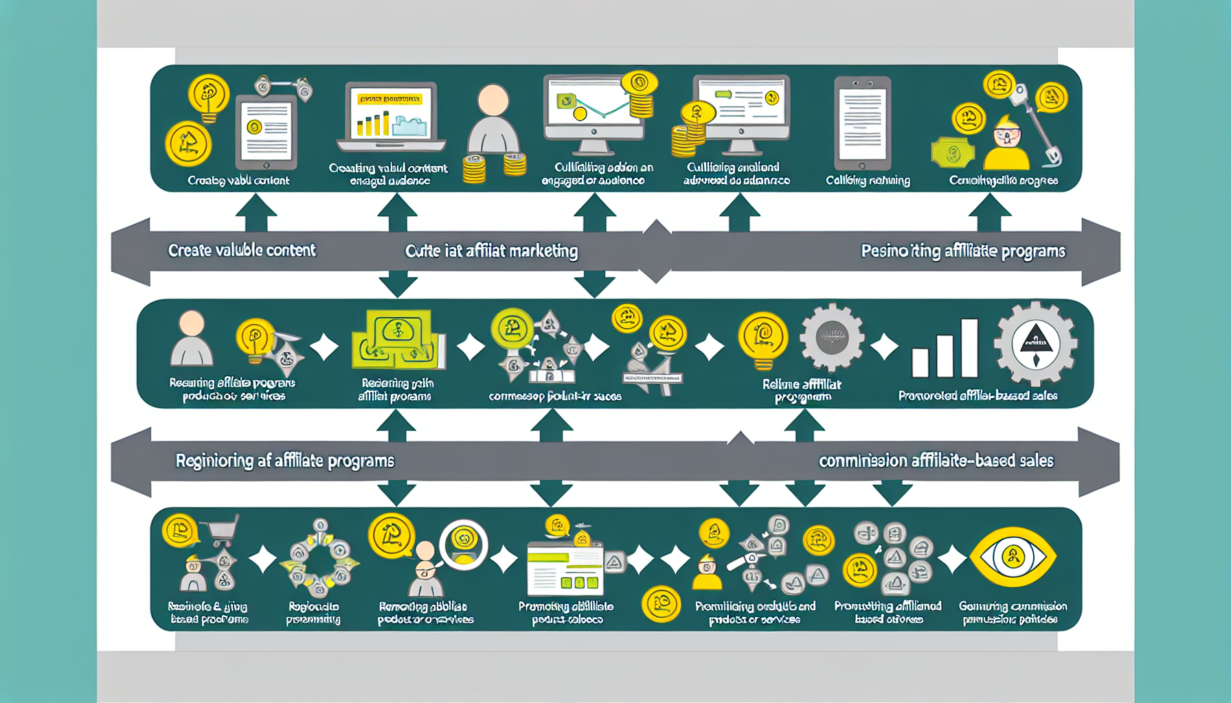 Eine umfassende Infografik, die den Prozess des Affiliate-Marketings fÃ¼r AnfÃ¤nger zeigt. Sie umfasst wichtige Aspekte wie die Erstellung wertvoller Inhalte, den Aufbau eines engagierten Publikums, die Recherche und den Beitritt zu Affiliate-Programmen, die Promotion von Affiliate-Produkten oder -Dienstleistungen und die Generierung von Einnahmen durch provisionsbasierte VerkÃ¤ufe. Jeder dieser Schritte wird durch distincte, leicht verstÃ¤ndliche Symbole und Grafiken dargestellt â€“ alles in einem Flussdiagramm-Format angeordnet, um den Fortschritt und die Richtung der Aktionen zu veranschaulichen.