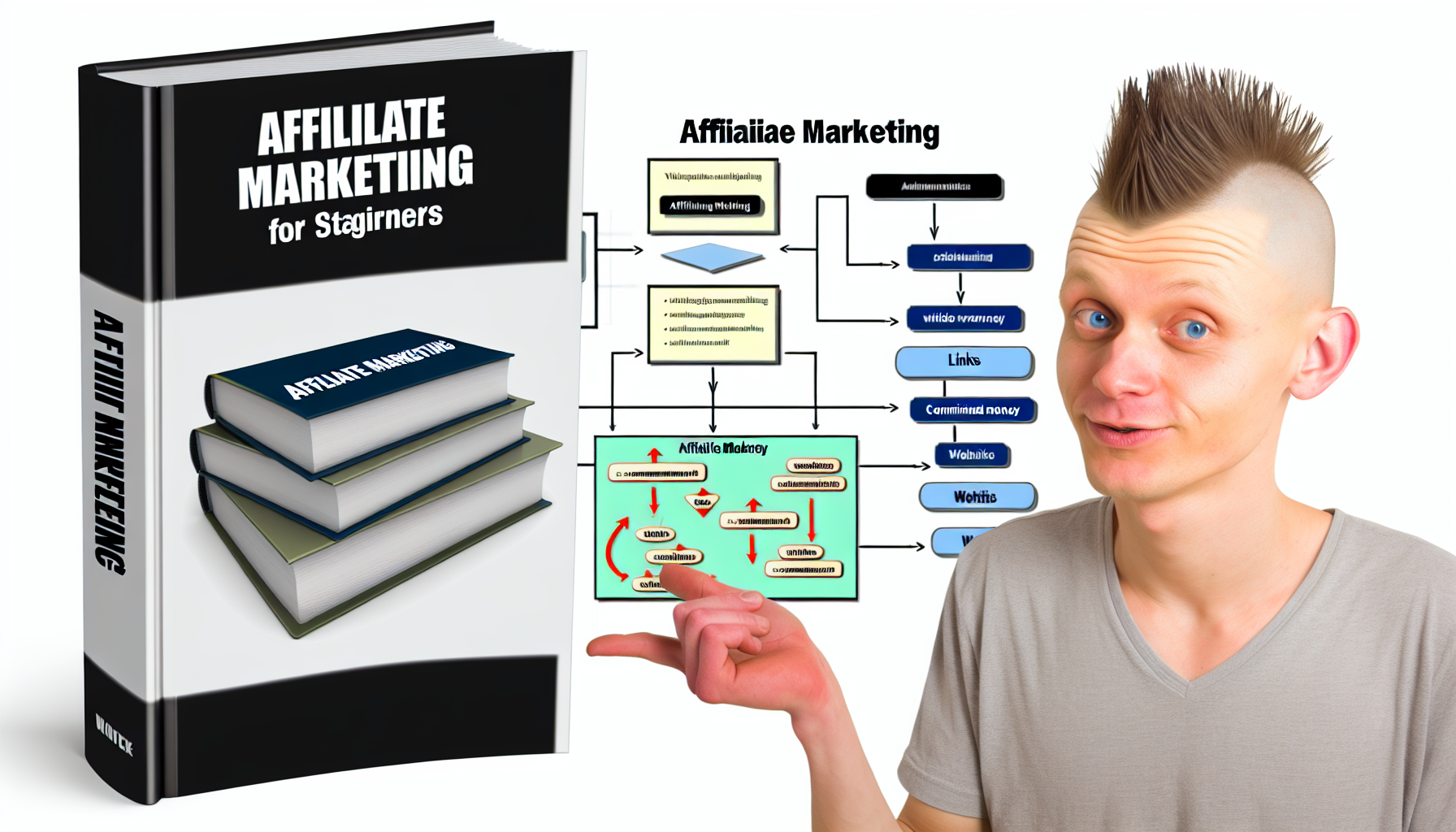 Ein einfÃ¼hrender Leitfaden zum Affiliate-Marketing fÃ¼r AnfÃ¤nger. Das Bild zeigt ein groÃŸes Buch mit dem Titel 'Affiliate-Marketing fÃ¼r Einsteiger'. Neben dem Buch befinden sich Flussdiagramme und Grafiken, die den Prozess des Affiliate-Marketings darstellen, einschlieÃŸlich Links, Websites und verdienten Provisionen. Im Hintergrund steht ein hellhÃ¤utiger Mann mit einem Pixie-Cut-Haarschnitt, der auf das Diagramm zeigt und erklÃ¤rt, dabei wissend und begeistert aussieht.