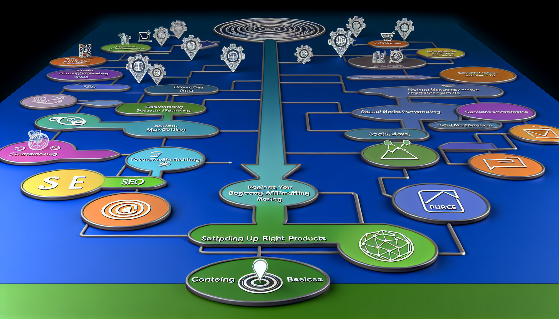 Ein umfassender Leitfaden fÃ¼r den Einstieg in das Affiliate-Marketing, mit einer visuellen Darstellung eines Ausgangspunkts, der zu zunehmend komplexen Wegen fÃ¼hrt. Diese breite Karte enthÃ¤lt digitale Symbole, die verschiedene Strategien und Techniken des Affiliate-Marketings darstellen, wie z.B. Content-Marketing, E-Mail-Marketing, SEO, Social-Media-Kampagnen usw. Am Rand befinden sich Punkte, die verschiedene Fortschrittsstufen anzeigen, wie 'Die Grundlagen verstehen', 'Die richtigen Produkte auswÃ¤hlen', 'Ihre Plattform/Website einrichten' usw.