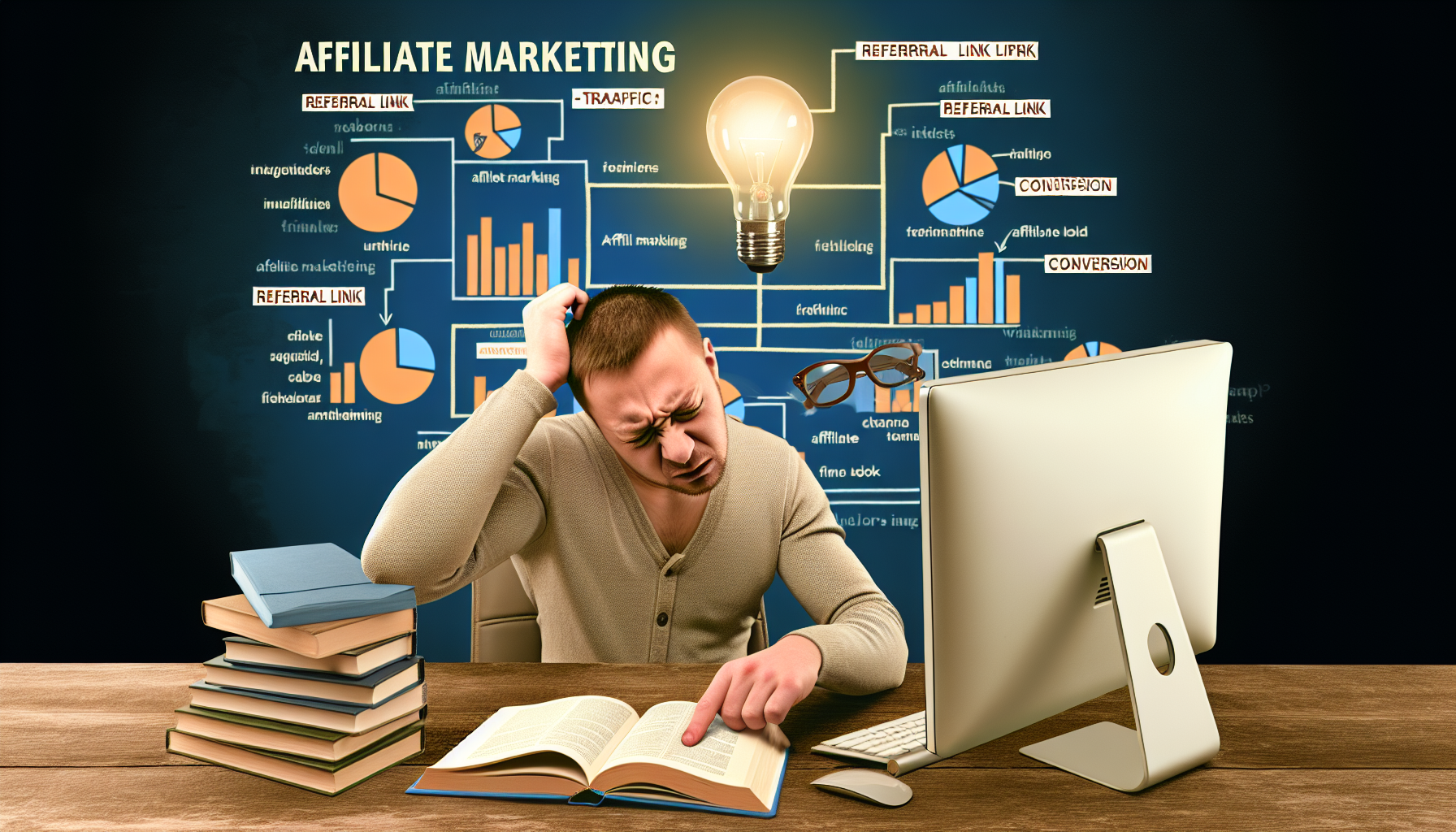 Eine detaillierte Szene, die das Konzept des â€žAffiliate Marketings fÃ¼r AnfÃ¤ngerâ€œ darstellt. Das Bild zeigt eine Person, die an einem Schreibtisch mit einem Computer sitzt. Der Computerbildschirm zeigt Balkendiagramme und Tortendiagramme, die Statistiken zum Affiliate Marketing veranschaulichen. Auf dem Schreibtisch liegt ein aufgeschlagenes Buch mit dem Titel â€žAffiliate Marketing fÃ¼r Einsteigerâ€œ. Die Person, ein kaukasischer Mann, kratzt sich nachdenklich am Kopf, wÃ¤hrend er das Buch liest. Um einen spielerischen Akzent zu setzen, schwebt eine GlÃ¼hbirne Ã¼ber seinem Kopf, die einen â€žEurekaâ€œ-Moment symbolisiert. Wichtige Elemente des Affiliate Marketings wie â€žReferral-Linkâ€œ, â€žTrafficâ€œ und â€žConversionâ€œ sind im Bild hervorgehoben.