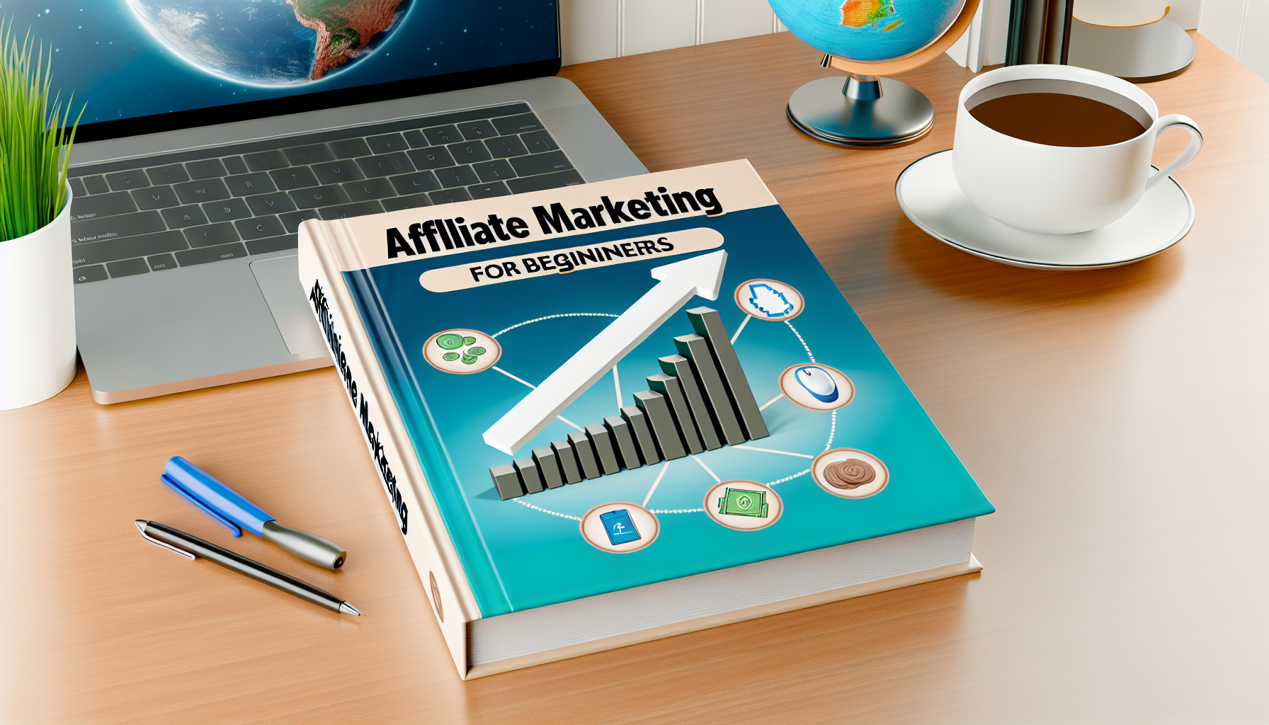 Ein umfassender Leitfaden fÃ¼r AnfÃ¤nger im Affiliate-Marketing. Stellen Sie sich ein hellfarbiges Hardcoverbuch vor, das auf dem Cover eine groÃŸe Grafik eines steigenden Diagramms zeigt, das das Wachstumspotenzial im Affiliate-Marketing widerspiegelt. Rund um das Diagramm sind verschiedene Symbole aus dem digitalen Marketing angeordnet, wie ein Mauszeiger, ein Globus und Geld. Der Titel 'Affiliate-Marketing fÃ¼r AnfÃ¤nger' ist in fetten, auffÃ¤lligen Buchstaben oben geschrieben. Das Buch liegt auf einem Holztisch, auf dem ein Laptop steht, der ein erfolgreiches Wachstumsschema auf dem Bildschirm anzeigt, sowie eine Tasse Kaffee und einige Schreibwarenartikel darum herum.