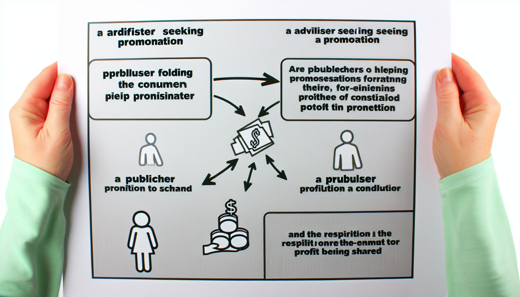 Ein informatives Diagramm, das die Grundlagen des Affiliate-Marketings fÃ¼r AnfÃ¤nger erklÃ¤rt. Das Bild sollte mehrere Komponenten enthalten, wie einen Werbetreibenden, der nach Promotion sucht, einen Publisher, der bereit ist, bei der Promotion zu helfen, einen Verbraucher, der die Verbindung zwischen den beiden herstellt, und eine Darstellung des resultierenden Gewinns, der geteilt wird. Jede Komponente sollte mit einfachen, leicht verstÃ¤ndlichen Symbolen und Anmerkungen dargestellt werden.