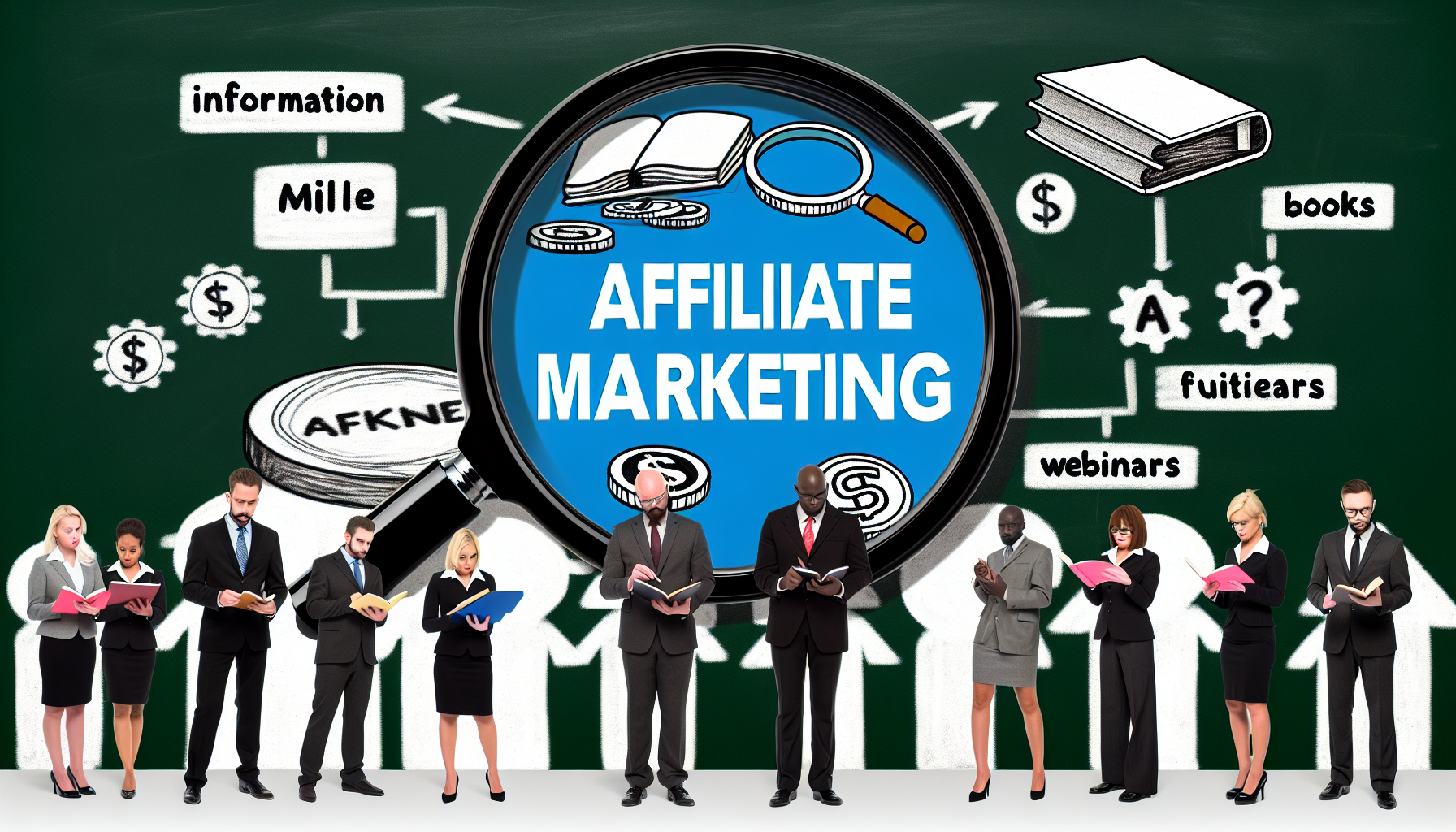 Ein Bild, das das Konzept des Affiliate-Marketings fÃ¼r AnfÃ¤nger darstellt. Eine groÃŸe Lupe fokussiert den Text 'Affiliate Marketing', wÃ¤hrend mehrere kleine, multikulturelle GeschÃ¤ftsleute und GeschÃ¤ftsfrauen Notizen machen. Um sie herum sind Symbole von Informationsquellen wie BÃ¼cher, Online-Tutorials und Webinare. Der Hintergrund besteht aus einer Tafel, die ein Flussdiagramm zeigt, das veranschaulicht, wie Affiliate-Marketing von Anfang bis Ende funktioniert.