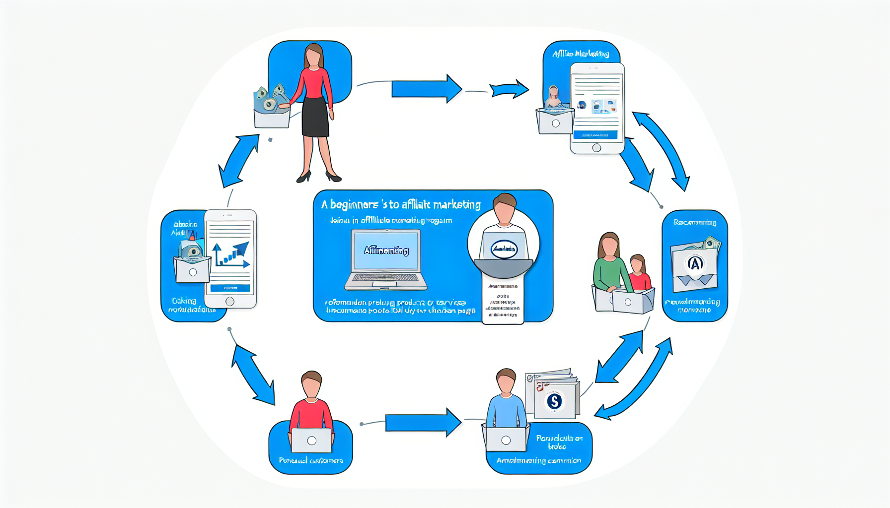 Ein AnfÃ¤ngerleitfaden fÃ¼r Affiliate-Marketing. Das Bild zeigt ein einfaches, leicht verstÃ¤ndliches Diagramm, das den Prozess des Affiliate-Marketings veranschaulicht. Es beginnt mit einer Person, die einem Affiliate-Programm beitritt, und zeigt dann, wie sie Produkte oder Dienstleistungen Ã¼ber ihr gewÃ¤hltes Medium (wie einen Blog oder eine Social-Media-Seite) empfiehlt. Die Illustrationen zeigen potenzielle Kunden, die auf die Affiliate-Links klicken, KÃ¤ufe tÃ¤tigen und die daraus resultierende Provision, die der Affiliate-Marketer verdient. Die Hauptfarben des Bildes sind Blau und WeiÃŸ, mit einem einfachen, klaren und modernen Design.