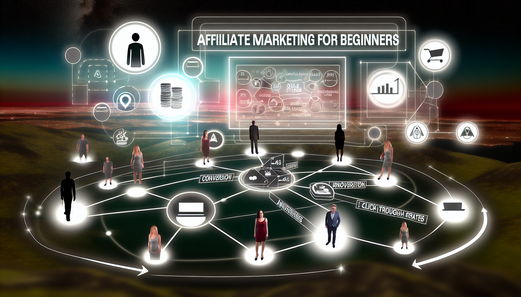 Eine detaillierte visuelle Darstellung von 'Affiliate-Marketing fÃ¼r AnfÃ¤nger'. Das Bild sollte eine digitale Landschaft zeigen, mit Online-Shops und verschiedenen Personen, die durch eine Karte von miteinander verbundenen Knoten navigieren, die Online-Verkaufsnetzwerke reprÃ¤sentieren. FÃ¼gen Sie auch grafische Elemente hinzu, die wichtige Konzepte des Affiliate-Marketings wie 'Klickrate', 'Conversion' und 'Umsatzbeteiligung' darstellen. Verwenden Sie einen freundlichen, einladenden Designstil, um zu verdeutlichen, dass dies fÃ¼r AnfÃ¤nger gedacht ist.