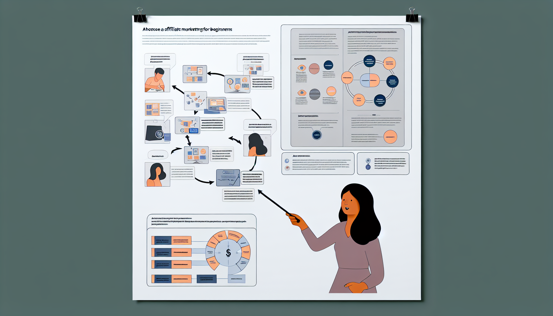 Ein Bildungsplakat, das die grundlegenden Konzepte des Affiliate-Marketings fÃ¼r AnfÃ¤nger erklÃ¤rt. Das Plakat enthÃ¤lt Illustrationen wie ein Flussdiagramm, das den Prozess von der Produktauswahl bis zum Verdienen von Provisionen darstellt, ein Diagramm, das die verschiedenen Arten von Affiliate-Netzwerken zeigt, und eine Seitenleiste mit Tipps zur Auswahl des geeigneten Affiliate-Programms. Eine Figur, eine sÃ¼dasiatische Frau, zeigt mit einem Zeigestock auf das Flussdiagramm und erklÃ¤rt den Prozess. Es gibt auch einige Texte und AufzÃ¤hlungspunkte, die diese Ideen zur einfachen VerstÃ¤ndlichkeit vereinfachen. Das Gesamtdesign des Plakats ist klar und elegant.