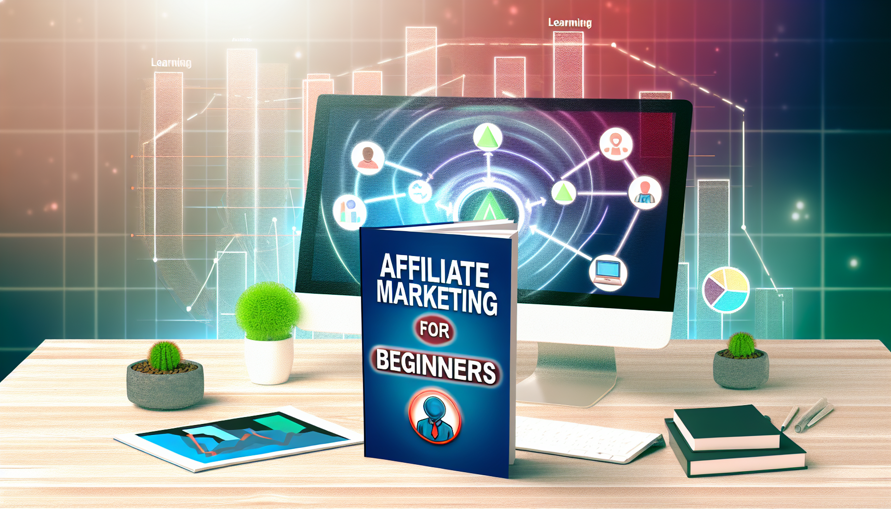 Ein Bild, das Affiliate-Marketing fÃ¼r AnfÃ¤nger visuell darstellt. In der Mitte befindet sich ein Lernleitfaden, der grundlegende Konzepte des Affiliate-Marketings zeigt. Einige wesentliche Elemente, wie ein Desktop-Computer, Diagramme, die Wachstum anzeigen, und ein Symbol fÃ¼r einen neuen Marketer, sind darum herum platziert und reprÃ¤sentieren den Lernprozess. Die AtmosphÃ¤re vermittelt einen einladenden und ambitionierten Ton, um einen Ausgangspunkt fÃ¼r diejenigen zu signalisieren, die in die Welt des Affiliate-Marketings eintreten mÃ¶chten.