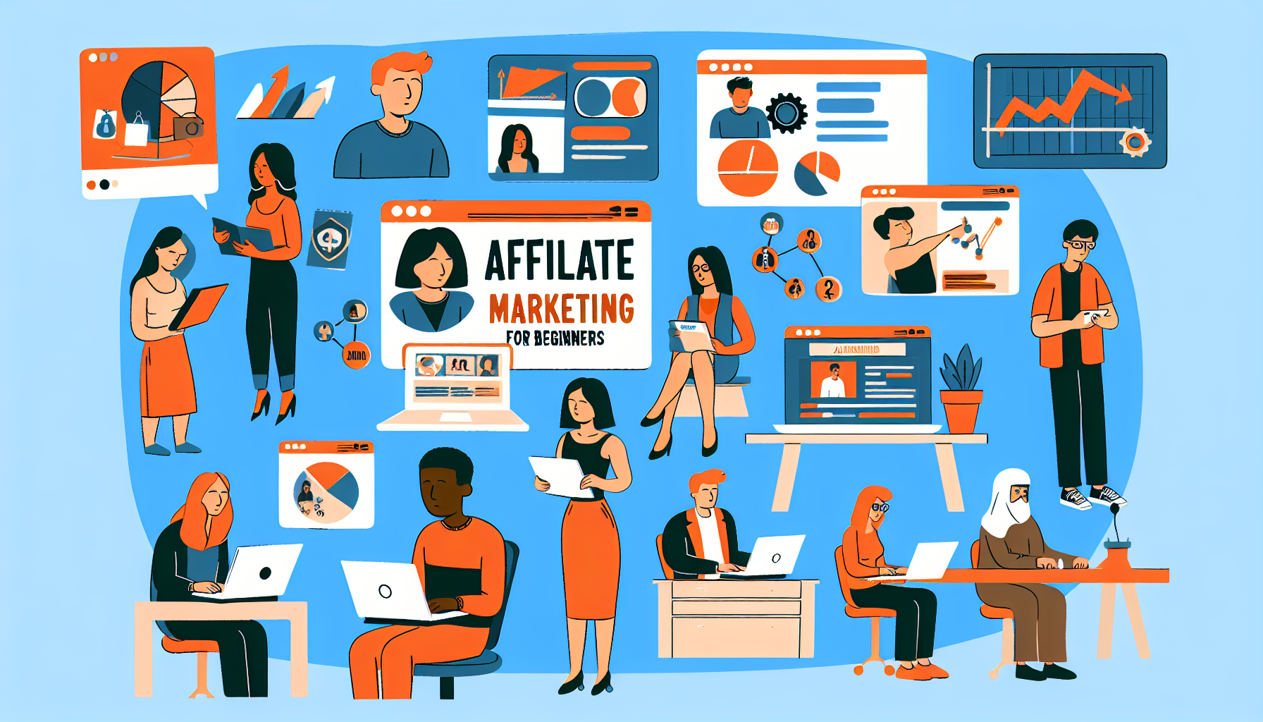 Ein illustrierter Leitfaden mit dem Titel â€žAffiliate-Marketing fÃ¼r AnfÃ¤ngerâ€œ. Er sollte eine vielfÃ¤ltige Gruppe von Menschen zeigen, die an verschiedenen AktivitÃ¤ten im Zusammenhang mit Affiliate-Marketing teilnehmen, wie z. B. der Recherche von Produkten online, der Erstellung von Inhalten und der Verfolgung von Kennzahlen. Es sollte eine ausgewogene Mischung von Personen unterschiedlicher Herkunft und Geschlechter enthalten sein, wie z. B. ein kaukasischer Mann, der Website-Daten auf