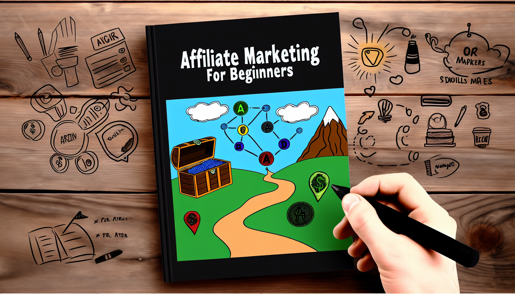 Ein detaillierter und schrittweiser Leitfaden fÃ¼r AnfÃ¤nger, die mit Affiliate-Marketing beginnen mÃ¶chten. Das Cover des Leitfadens sollte ansprechend gestaltet sein, mit visuellen Elementen, die eine Reise, Fortschritt und Erfolg darstellen. Es kÃ¶nnte einen Weg zeigen, der zu einer Schatzkiste fÃ¼hrt, einen Berggipfel, der fÃ¼r Leistung steht, und Kritzeleien, die digitale Marketing-Tools symbolisieren. Der Titel 'Affiliate-Marketing fÃ¼r AnfÃ¤nger' sollte auf dem Cover in fetter, attraktiver Schrift prominent angezeigt werden.