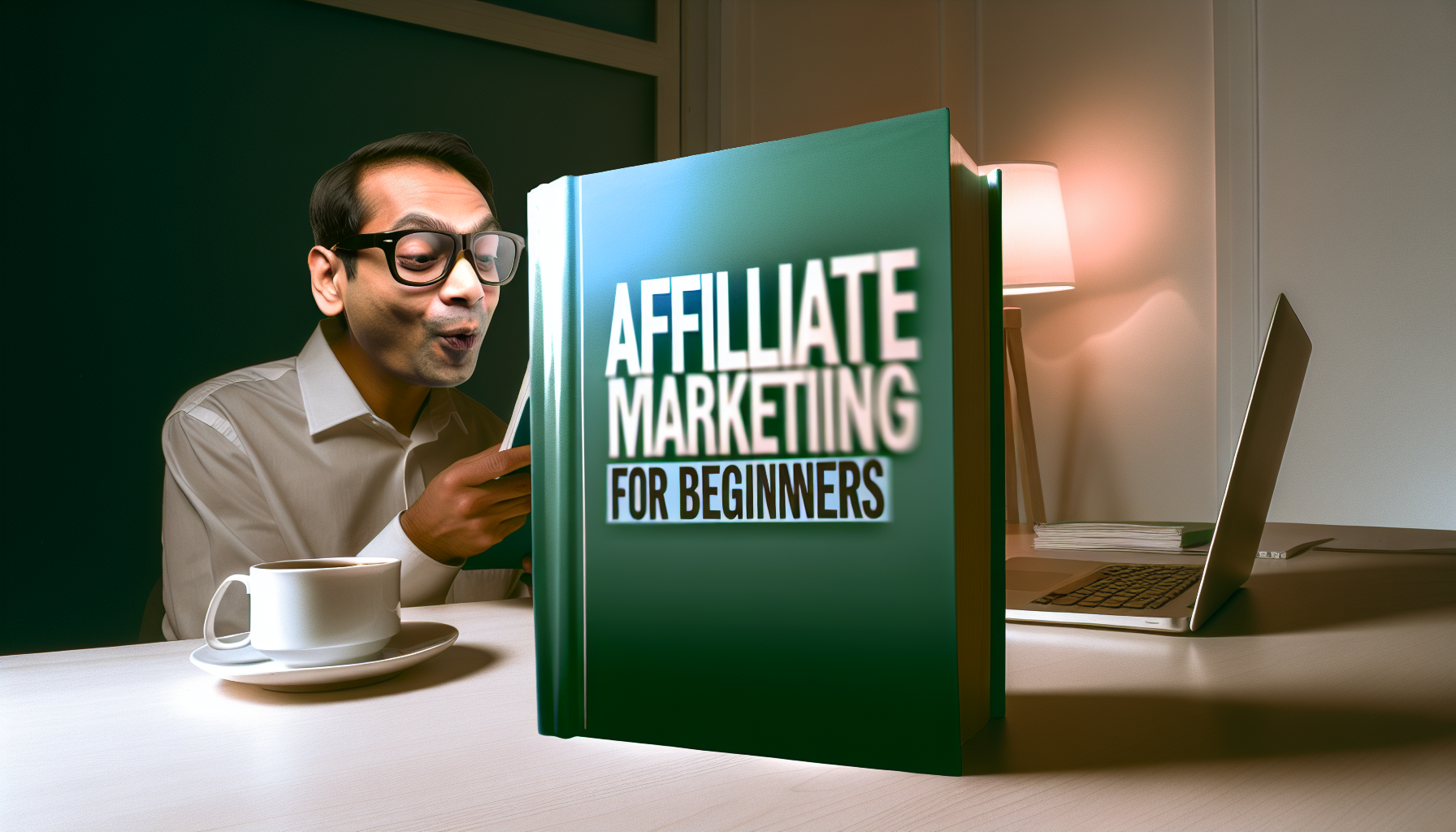 Ein einfÃ¼hrender Leitfaden fÃ¼r Affiliate-Marketing. Das Bild zeigt ein groÃŸes, Ã¼berwiegend grÃ¼nes Buch mit dem Titel 'Affiliate-Marketing fÃ¼r AnfÃ¤nger', der in fetten, weiÃŸen Buchstaben geschrieben ist. Im Vordergrund, vor einem einfachen und sauberen Schreibtischhintergrund, ist eine Person sÃ¼dasiatischer Abstammung, mÃ¤nnlichen Geschlechts, mit markanten GesichtszÃ¼gen und Brille, zu sehen, die begeistert das Buch liest. Sein Schreibtisch ist gut organisiert mit einem modernen Laptop, einer Tasse frisch gebrÃ¼hten Kaffees und einigen ordentlich gestapelten Papieren neben dem Buch. Licht von einem nahegelegenen Fenster wirft einen sanften Schein auf den Schreibtisch. Die AtmosphÃ¤re ist ruhig, konzentriert und geschÃ¤ftsmÃ¤ÃŸig, was perfekt zum Thema des Bildes passt.