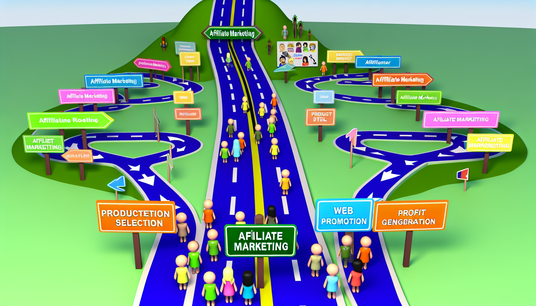 Eine bildungsorientierte Visualisierung fÃ¼r AnfÃ¤nger im Affiliate-Marketing. Die Szene sollte eine Autobahn zeigen, mit verschiedenen StraÃŸen, die zu verschiedenen Zielen fÃ¼hren, die unterschiedliche Phasen des Affiliate-Marketings symbolisieren, wie Produktauswahl, Web-Promotion und Gewinngenerierung. Es sollten klare Schilder vorhanden sein, die als Wegweiser entlang der Autobahn dienen. Am StraÃŸenrand sollten verschiedene Charaktere unterschiedlicher Herkunft und Geschlechter dargestellt werden, die Menschen aus allen Lebensbereichen zeigen, die sich mit Affiliate-Marketing beschÃ¤ftigen. Denken Sie daran, die Farben hell und ansprechend zu gestalten, und das gesamte Design freundlich und einladend fÃ¼r AnfÃ¤nger zu halten.