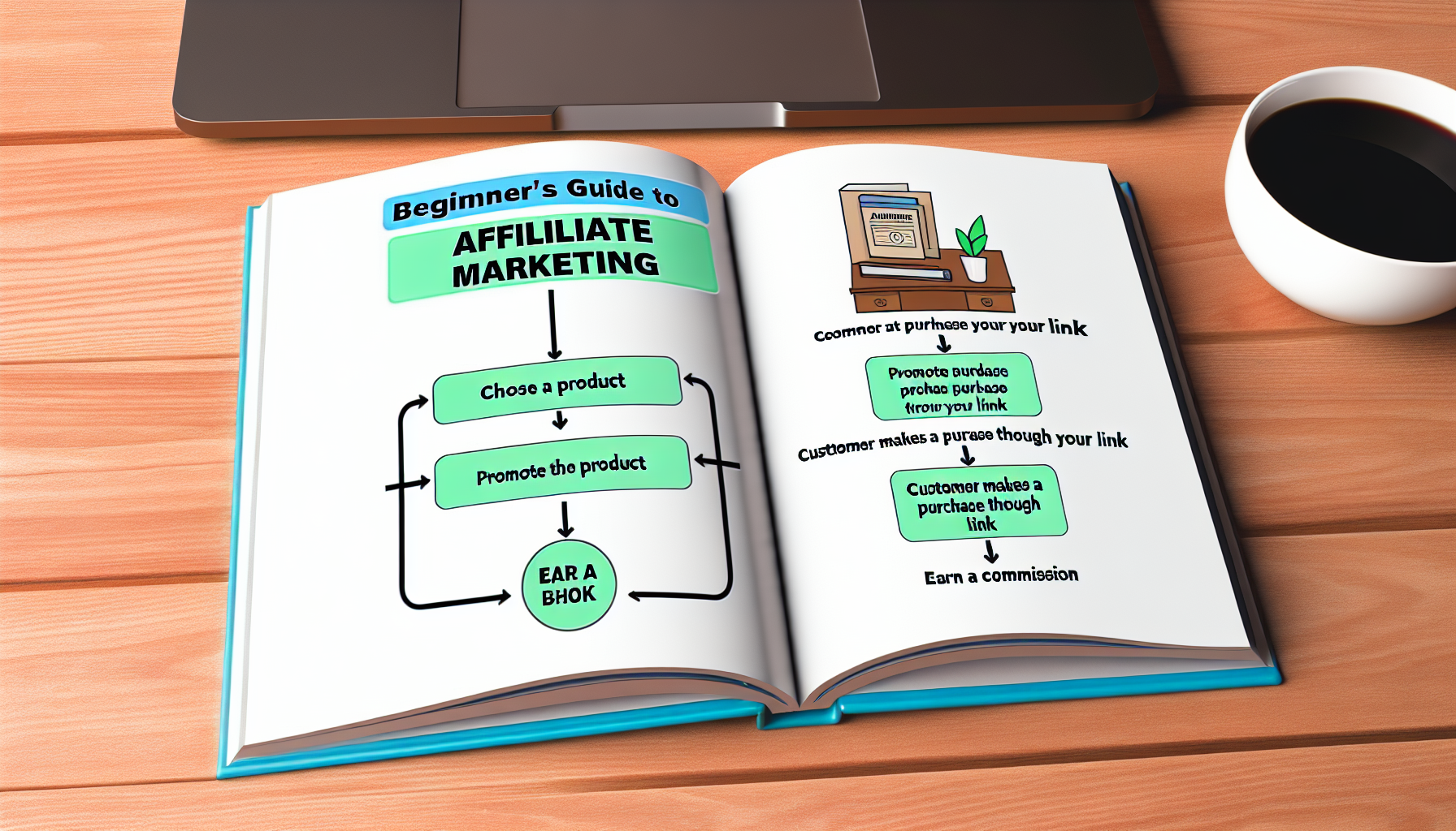 Ein AnfÃ¤ngerleitfaden fÃ¼r Affiliate-Marketing. Das Bild zeigt ein offenes Buch, auf dessen linker Seite 'Affiliate-Marketing' steht und auf der rechten Seite ein einfaches Flussdiagramm, das den Prozess des Affiliate-Marketings darstellt. Das Flussdiagramm enthÃ¤lt Komponenten wie 'WÃ¤hle ein Produkt', 'Bewerbe das Produkt', 'Kunde tÃ¤tigt einen Kauf Ã¼ber deinen Link' und 'Verdiene eine Provision'. Das Buch liegt auf einem Holztisch, neben dem ein Laptop und eine Tasse Kaffee stehen.