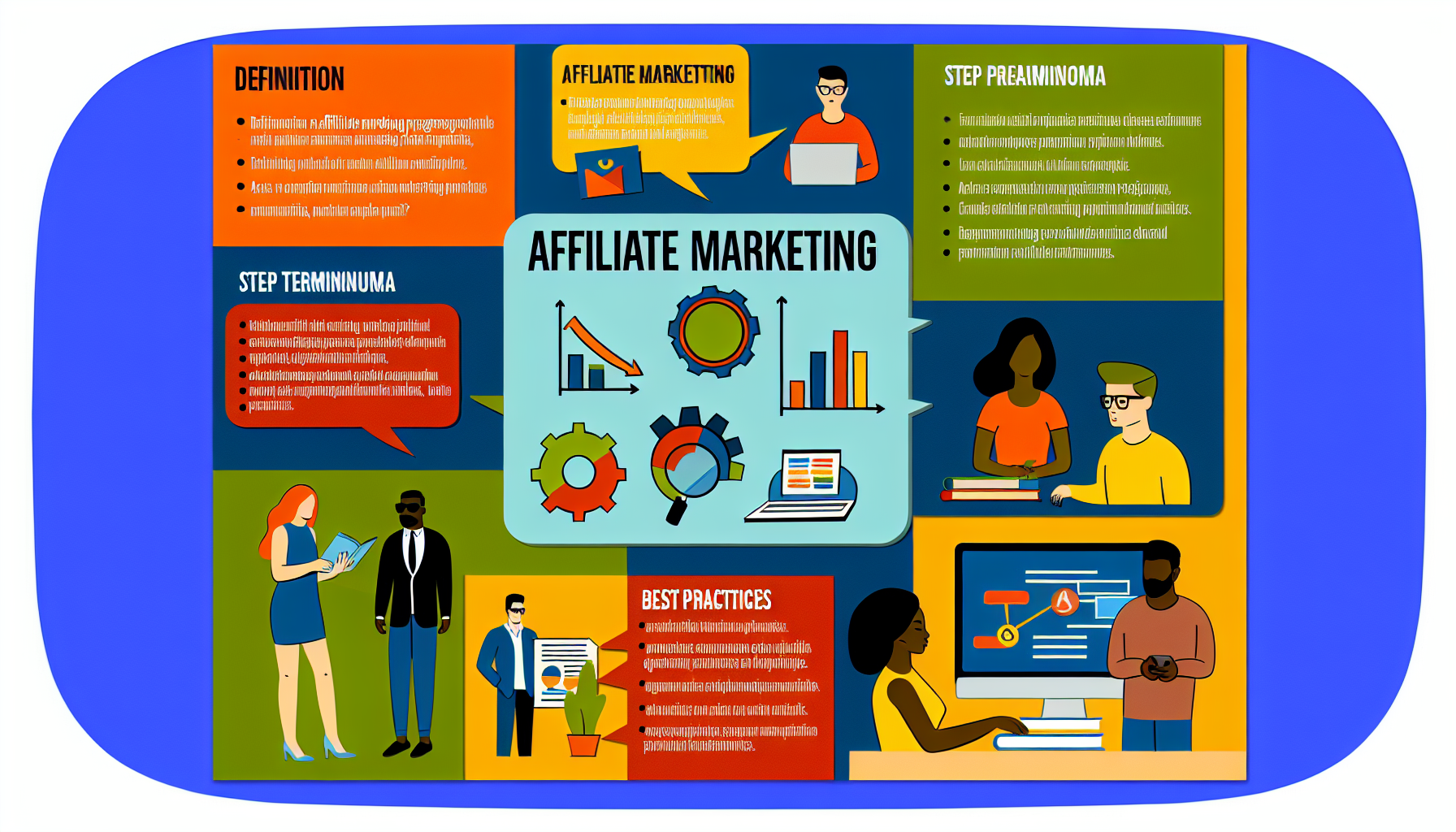 Ein einfÃ¼hrender Leitfaden zum Affiliate-Marketing, dargestellt als farbenfrohe Infografik. Das Bild enthÃ¤lt grundlegende Konzepte wie die Definition von Affiliate-Marketing, Schritte zum Start eines Affiliate-Marketing-Programms, wichtige Begriffe, bewÃ¤hrte Praktiken und erwartete Ergebnisse. Es gibt Zeichnungen einer vielfÃ¤ltigen Gruppe von Menschen, die sich mit diesen AktivitÃ¤ten beschÃ¤ftigen, wie eine kaukasische Frau, die den Leitfaden liest, ein hispanischer Mann, der Strategien bespricht, eine schwarze Frau, die Leistungskennzahlen analysiert, und ein arabischer Mann, der sich an seinem Desktop-Computer mit Affiliate-Links beschÃ¤ftigt.