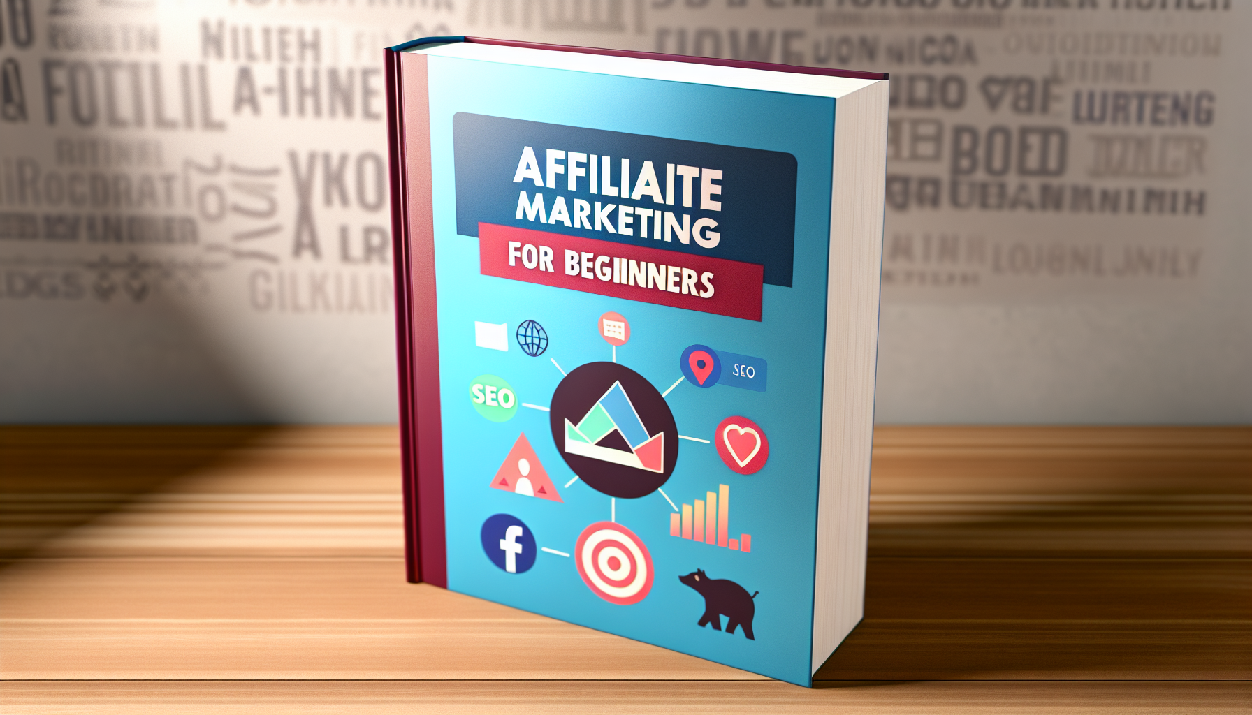 Ein Einstiegsleitfaden fÃ¼r Affiliate-Marketing. Stellen Sie sich ein dickes Buch mit einem hellen Cover vor, das auf einem Holztisch aufrecht steht. Auf dem Cover prangt ein groÃŸer Titel mit der Aufschrift 'Affiliate-Marketing fÃ¼r AnfÃ¤nger'. Unter dem Titel sind Illustrationen verschiedener digitaler Marketing-Tools zu sehen, wie das SEO-Symbol, soziale Medien-Symbole und ein Diagramm, das Wachstum zeigt. Der Hintergrund hat ein minimalistisches Design, vielleicht ein verblasstes Muster, um den Fokus auf das Buch zu lenken. Die Lichtquelle kommt von oben und wirft einen kleinen Schatten des Buches auf den Tisch.