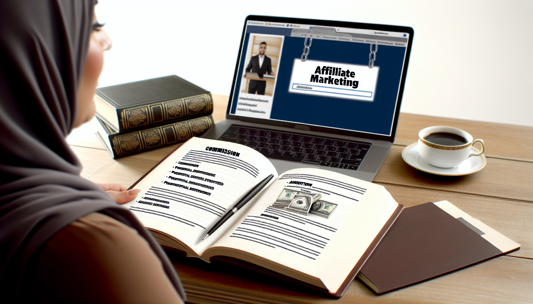 Ein einfÃ¼hrender Leitfaden zum Affiliate-Marketing. Das Bild zeigt mÃ¶glicherweise ein offenes Buch mit SchlÃ¼sselbegriffen, die mit Affiliate-Marketing in Verbindung stehen, wie 'Provision', 'Werbestrategien' und 'Affiliate-Netzwerk', die auf den Seiten sichtbar sind. Neben dem Buch kÃ¶nnte ein Laptop stehen, der einen Internetbrowser anzeigt, mit einer Ãœberschrift, die 'Affiliate-Marketing' erwÃ¤hnt. Eine Tasse Kaffee und ein Notizblock mit einem Stift liegen daneben. Eine Frau aus dem Nahen Osten schaut auf das Setup, bereit zu lernen und zu erkunden.